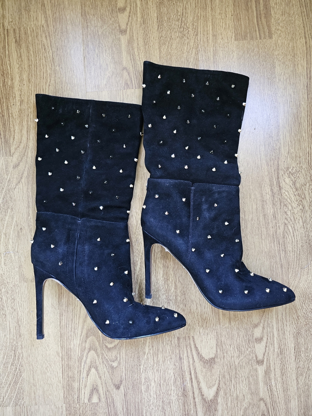Sam Edelman Black Studded Suede High-Heel Mid-Calf Boots